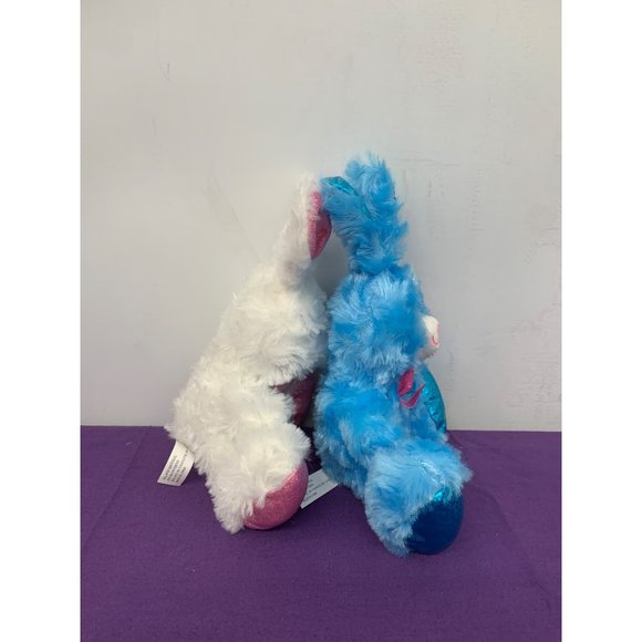 Midwood 7 Inch 2 Plush Stuffed Animal Bunnies Blue White Shimmery Feet and Ears - Picture 2 of 7